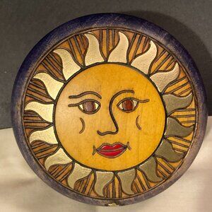 EWB Hand Turned Signed Wooden Round Jewelry Box & Lid-Poland-Sun Design-4" D-EUC